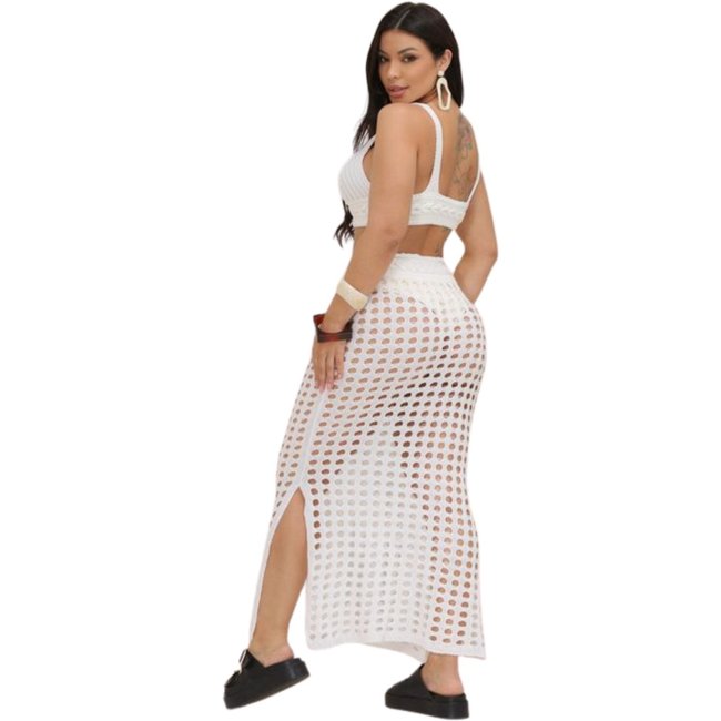 Conjunto Feminino Tricot 2 Peças Praia Verão Saia Longa Rendada + Top