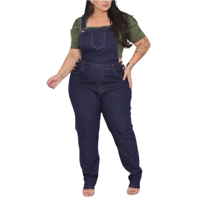 Macacão Jardineira Feminino Jeans Plus Size