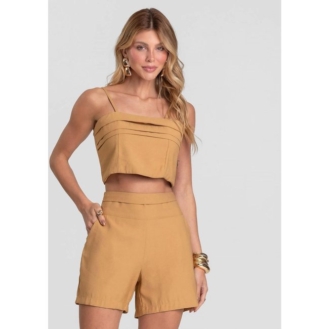 Shorts Feminino Cós Alto Em Alfaiataria Dianna Marrom