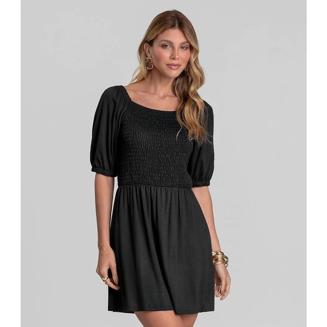 Vestido Curto Feminino em Visco Maquinetada Dianna Preto