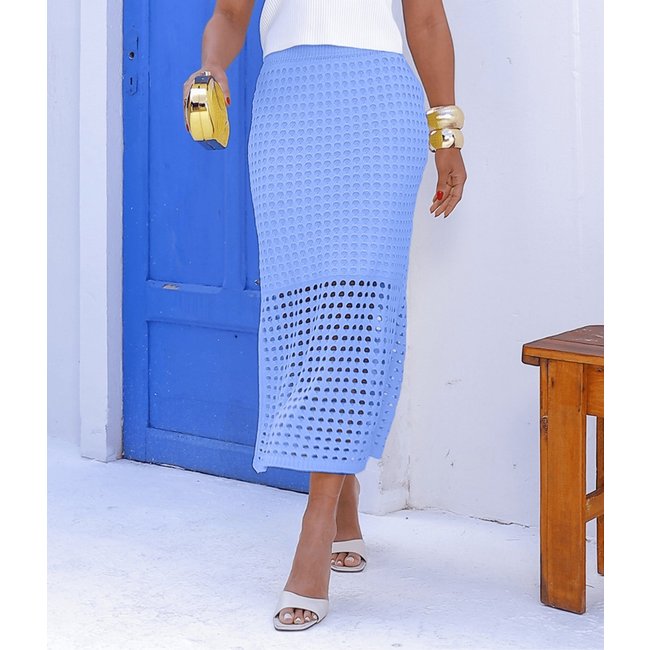 Saia Cherry Line Midi Tricot Forro Feminino Vazado Cintura Alta Azul