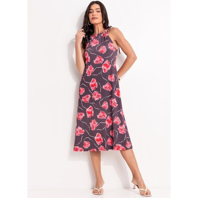 Vestido Em Malha Fria Floral Marrom Quintess