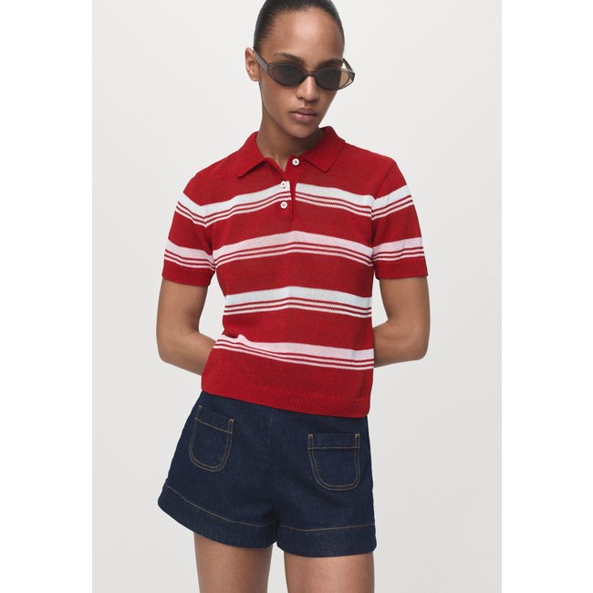 Camisa Polo Feminina Mango Tricot Listrada Vermelha