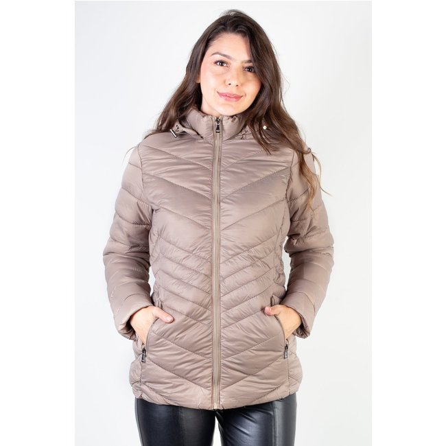 Jaqueta feminina de nylon alongada com capuz 80236 - Bege