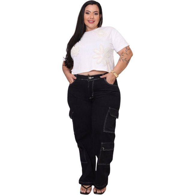 Calça Feminina Plus Size Jeans Light Super Cargo Preto 4 Bolsos Costura Invertida Branca