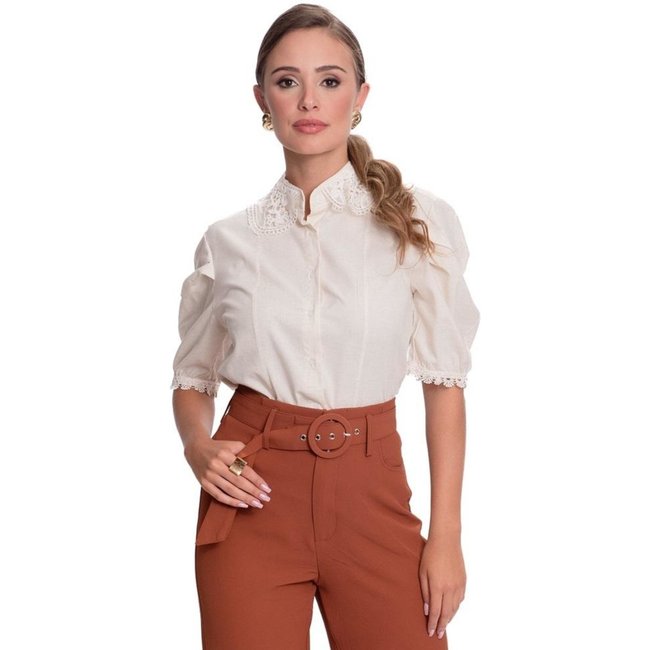 Camisa Social Feminina Manga Curta Bufante Moderna Teodoro Off White G Off-white