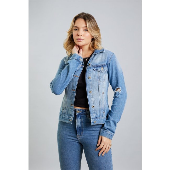 Jaqueta Jeans Feminina Tradicional Destroyed Lemier Azul