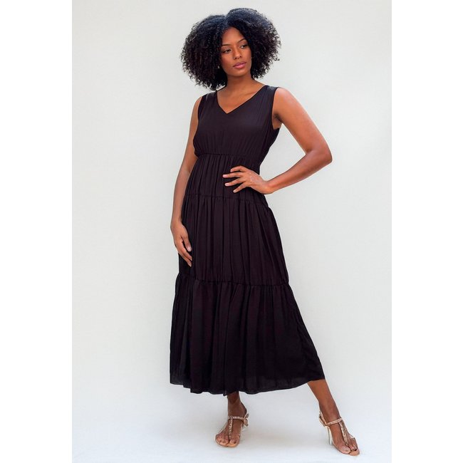 Vestido Amazonia Vital Regata Longo Plano Camadas Preto
