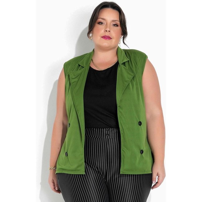 Colete Com Gola E Botões Plus Size Verde Marguerite
