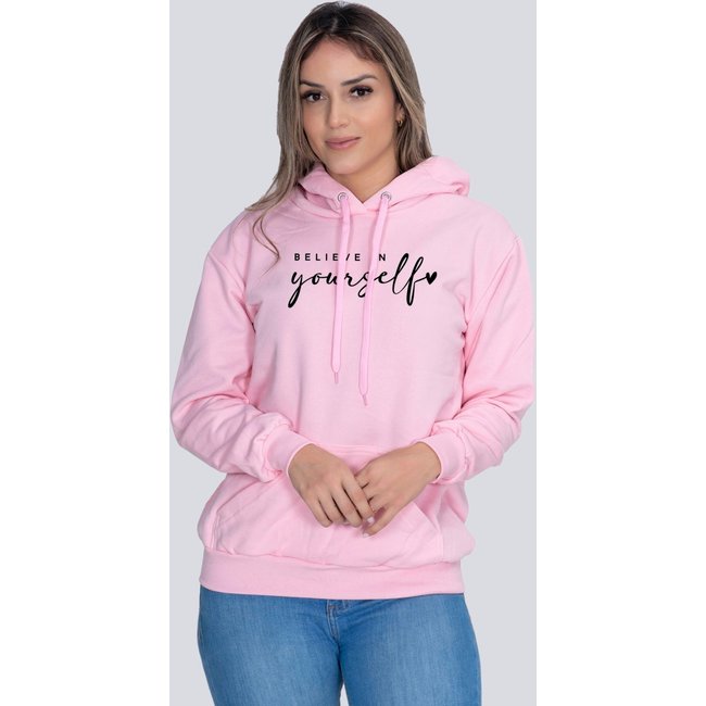Moletom Feminino Casual Blusa de Frio Believe in Yourself Rosa
