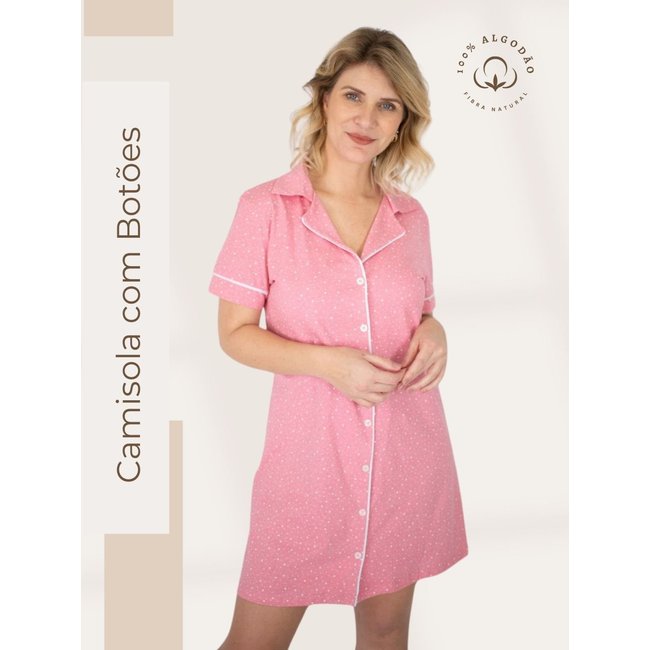 Camisola Algodão Piante Americana Manga Curta com Filete Poá Rosa