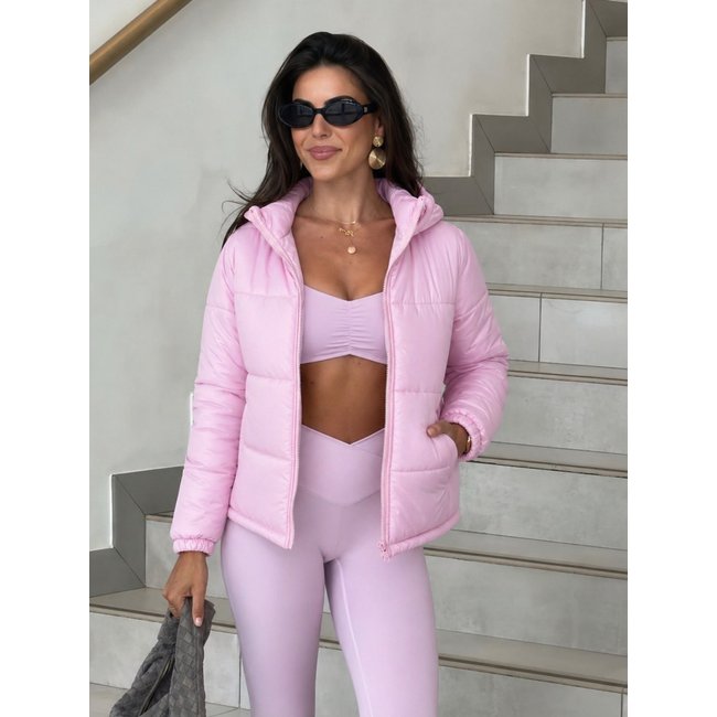 Jaqueta Puffer Longa Rosa Claro Com Capuz Removível
