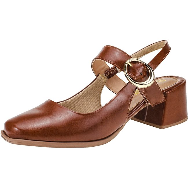 Scarpin Bico Quadrado Salto Baixo Mary Jane Boneca Shekinah Fivela Confortável Retrô Caramelo