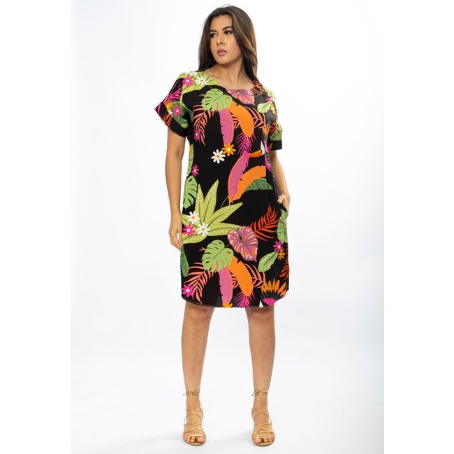 Vestido Curto Cabanafree Viscose com Bolso Estampa Noite Botânica