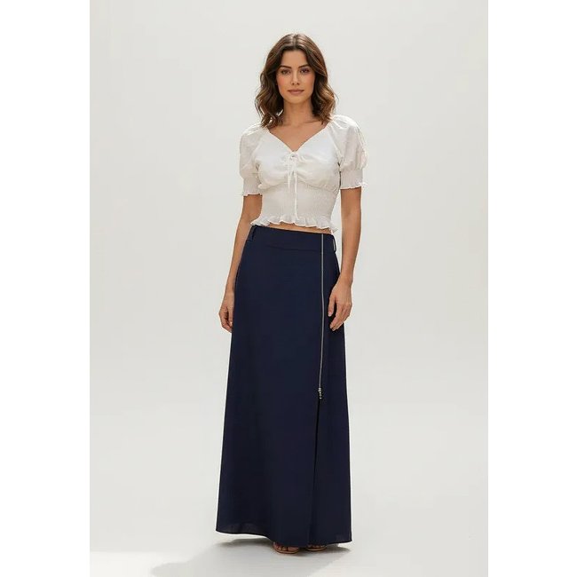 Saia Midi com Zíper Azul Marinho