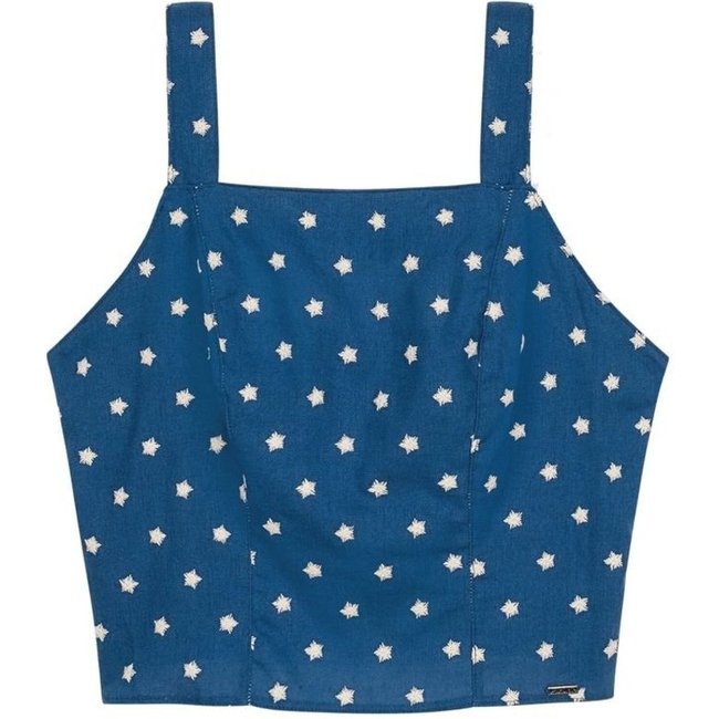 Top Cropped Feminino Linho Bordado Marialícia Azul