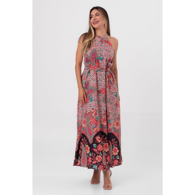 Vestido coluna longo paisley floral pequiá