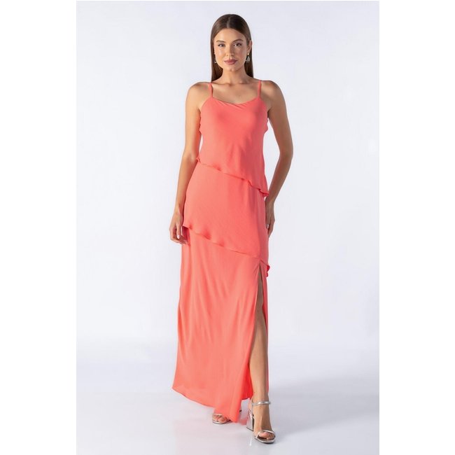 Vestido longo de alca com babados Rosa