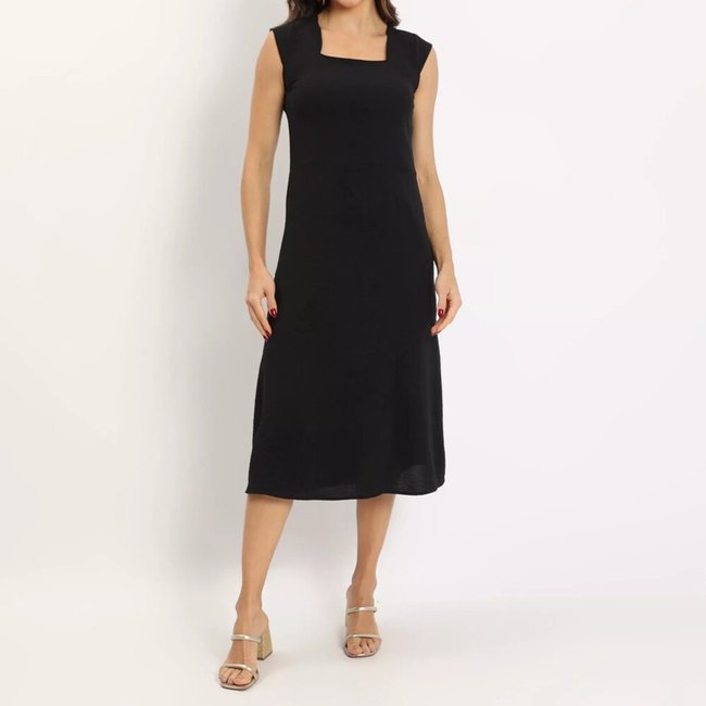Vestido Midi decote quadrado em crepe Preto