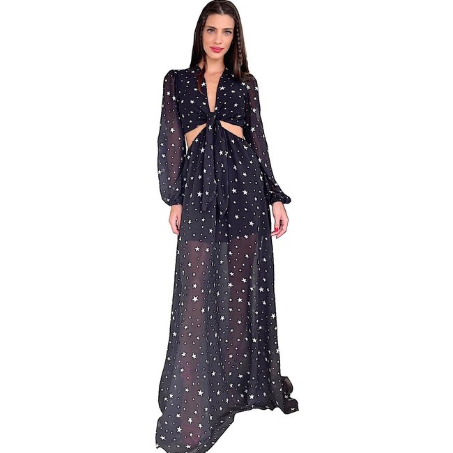 Vestido Miesse Longo Manga e Recorte na Cintura