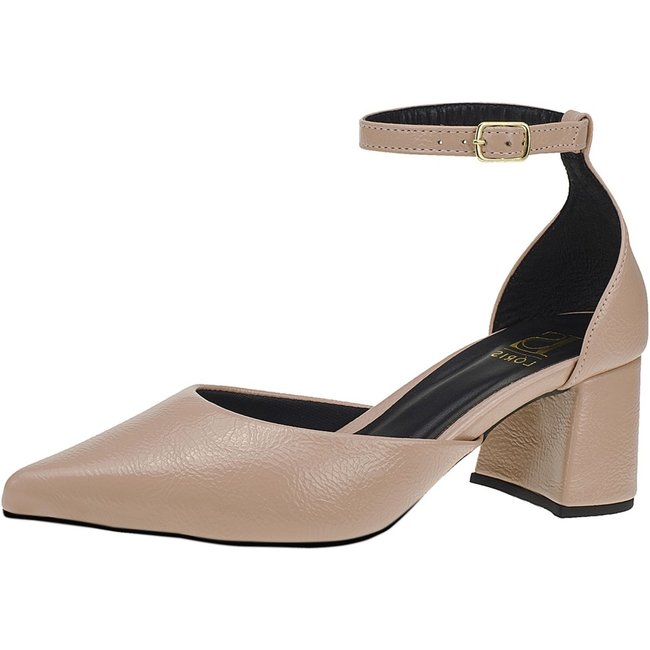 Sapato Feminino Lóris Shoes Scarpin Social Traseiro Fechado com Fivela Salto Bloco Bico Fino 0002 Nude