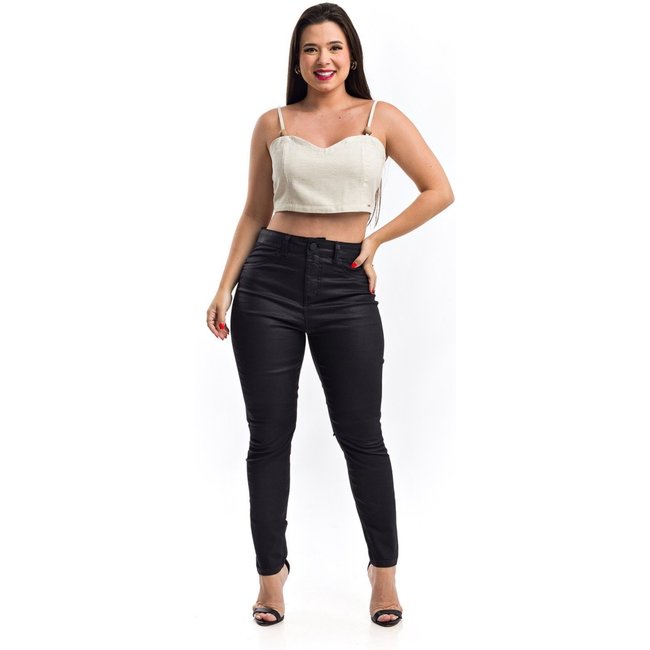 Calça Cigarrete Restrito Jeans Resinada com Elastano - PRETO