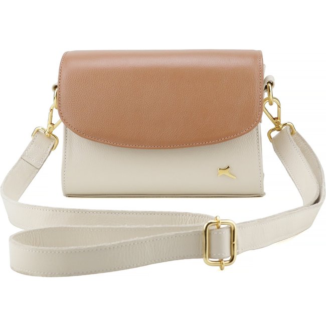 Bolsa Transversal Mr. Gutt Couro Pequena Alça Ajustavel OffWhite/Caramelo