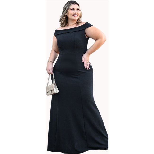 Vestido Plus Size Longo Festa Crepe Ombro a Ombro juquitiba Brasil Preto