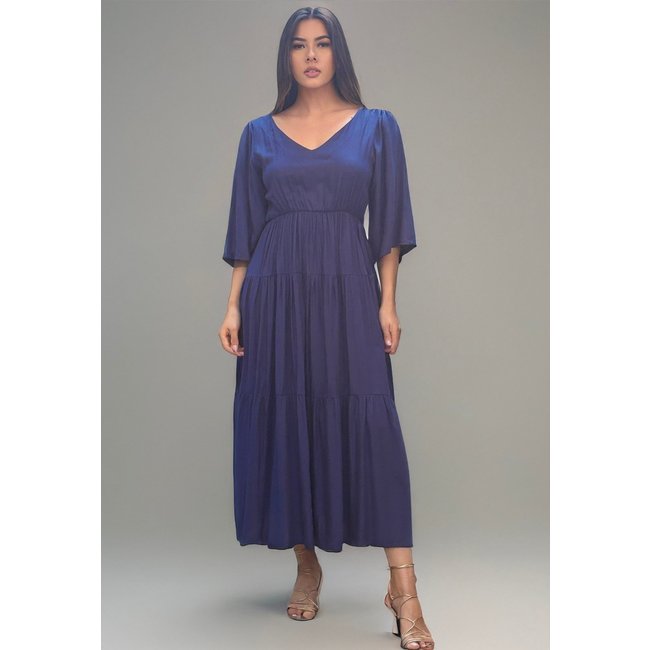 Vestido Longo Cabanafree Plano com Manga e Camadas Azul Marinho