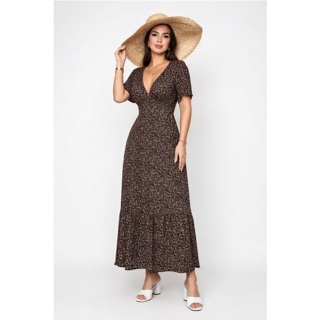 Vestido Longo D Bell Outlet Fashion Gola V Estampado Preto