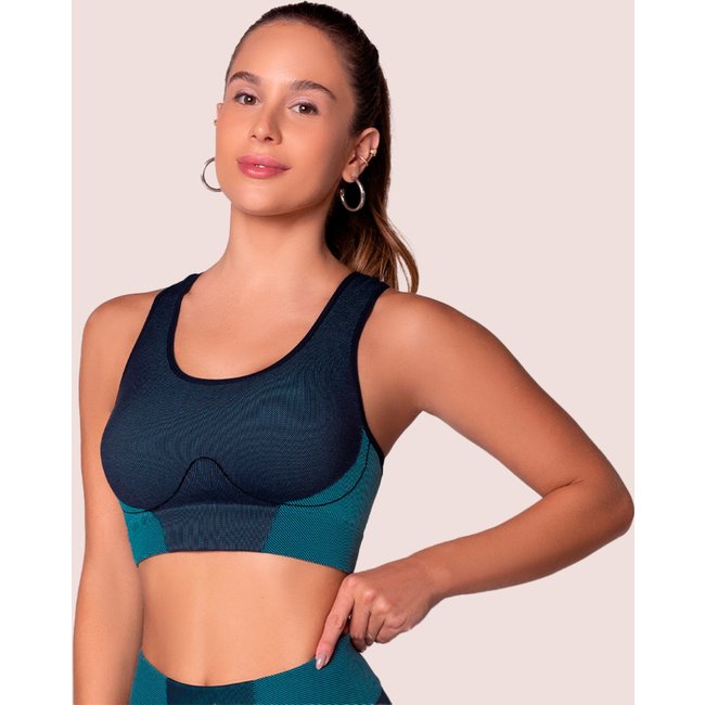 Top Academia Feminino Selene Com Microfuros Sem Costura Fit Azul e Marinho