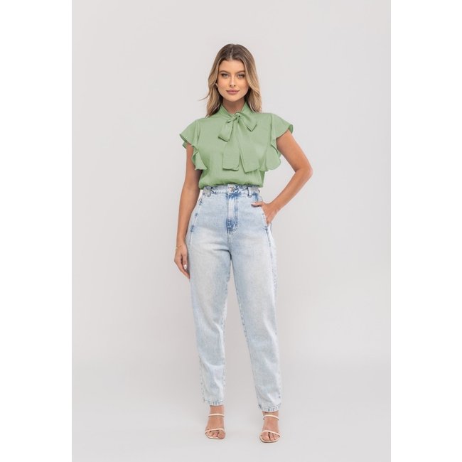 Blusa Feminina Com Laço na Gola e Manga Babado Salvatore Verde