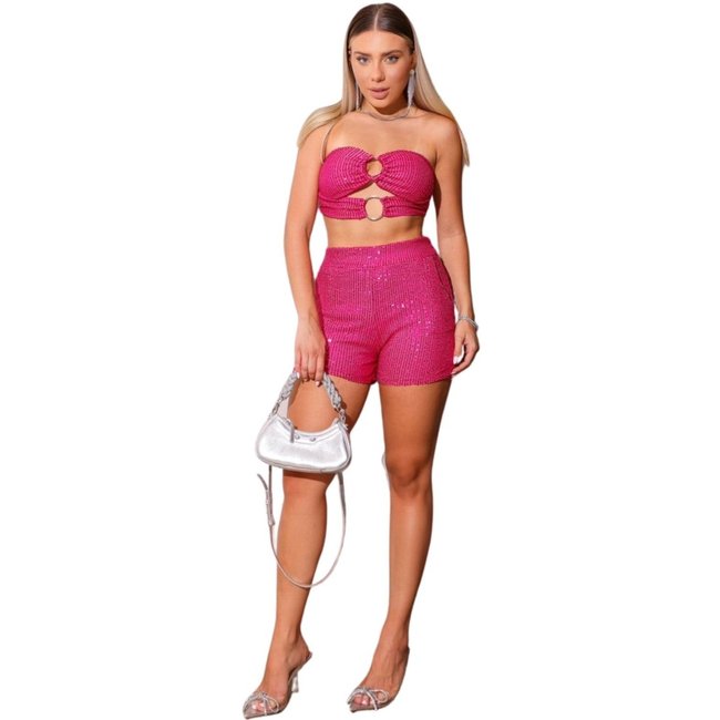 Conjunto Short e Top Argola Tomara que caia Paetê Otávia Rosa