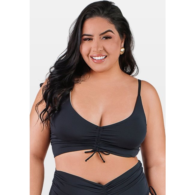 Top Summer Soul Cropped Com Bojo e Franzido Plus Size Preto