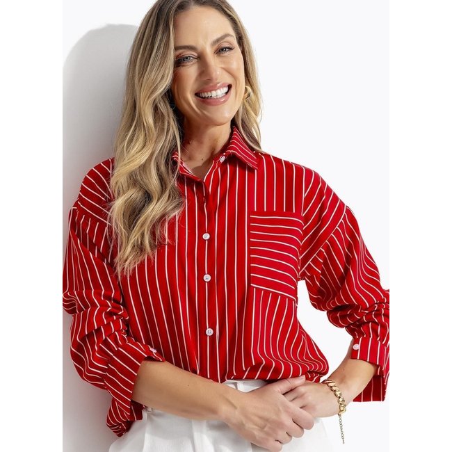 Camisa Em Tecido Poliéster Listrado Vermelho Quintess
