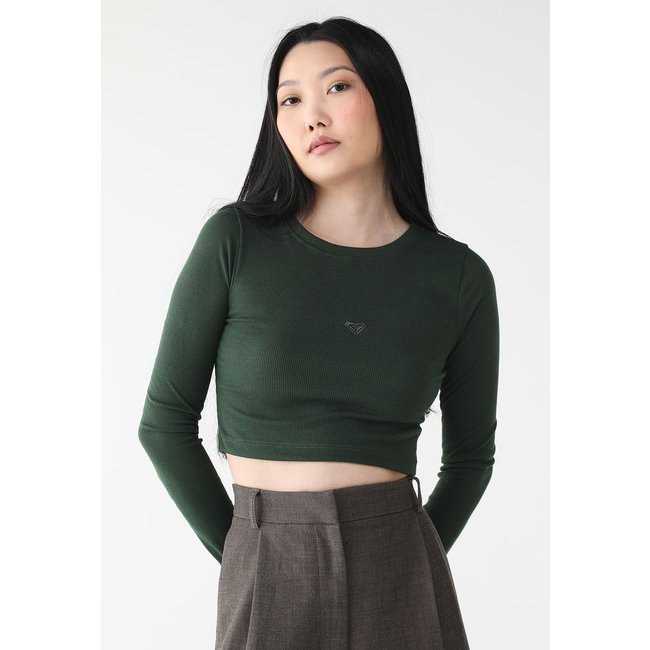 Blusa Cropped Canelada Roxy Ajustada Logo Verde