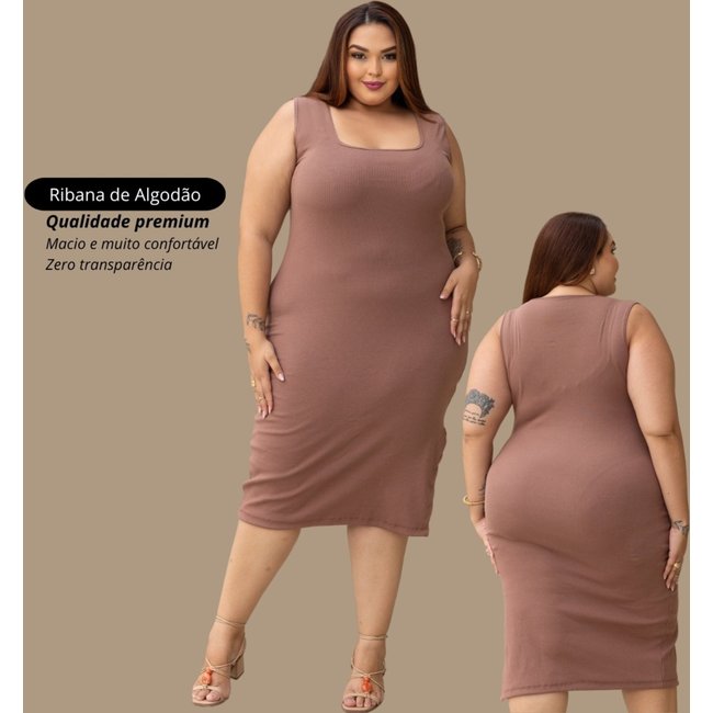 Vestido Garota Urbana Fashion Plus Size Chocolate feminino Ribana canelado premium sem manga