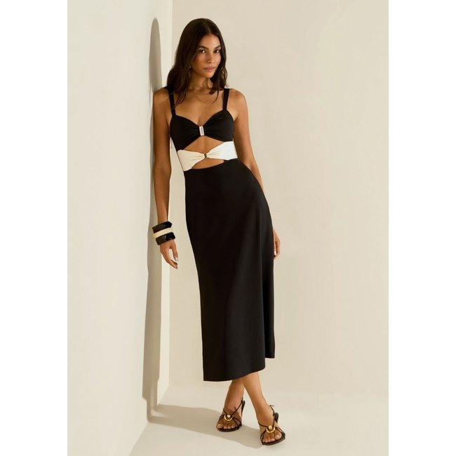 Vestido Morena Rosa Ajustado Decote V Com Alça Midi Preto