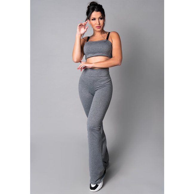 Conjunto Feminino MVB Modas Calça Flare Feminina e Top Faixa com Alça Cinza