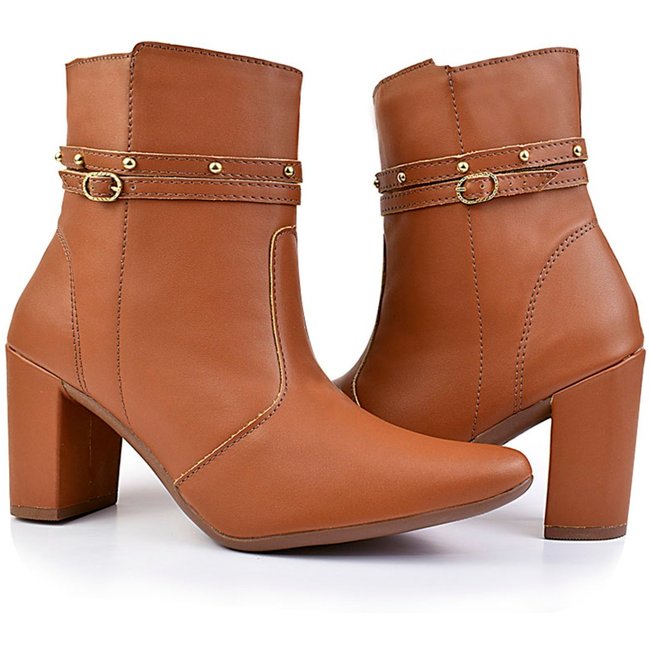 Bota Bico Fino Salto Fivela Confortável Olzzy Bf-014 Caramelo