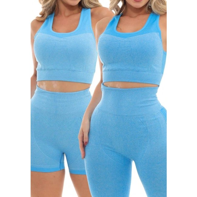 Kit Fitness Shorts, Top e Calça GARAIS MODA Modeladora Azul Menta Efeito Levanta Bumbum