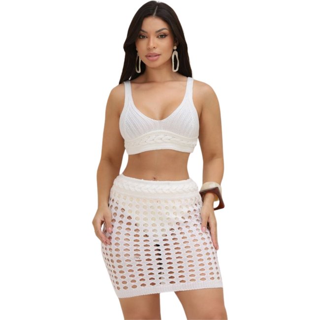 Conjunto Feminino Tricot 2 Peças Praia Verão Saia Rendada + Top