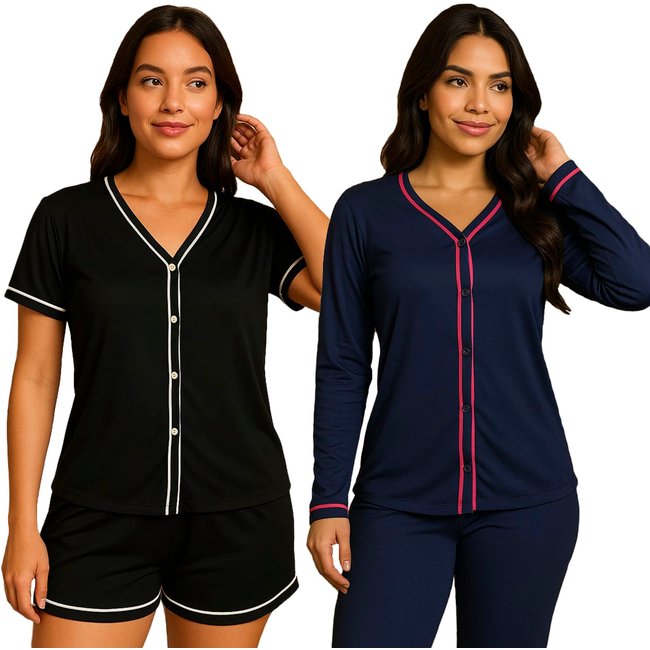 Kit 2 Pijamas Gabi Lingerie Estilo Blogueira Manga Curta e Manga Comprida Modelagem Perfeita Elegante Moda Feminina Multicolorido