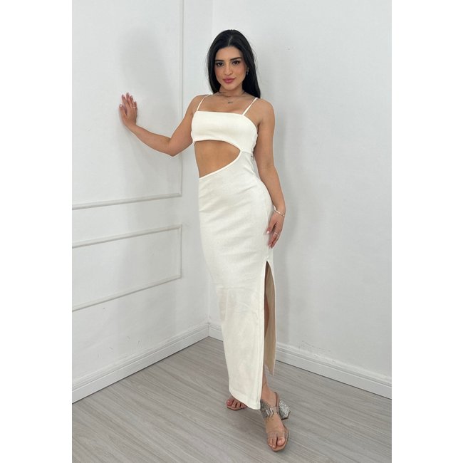 Vestido Longuete Canelado Midi tubinho Agnes Abertura Lateral Branco