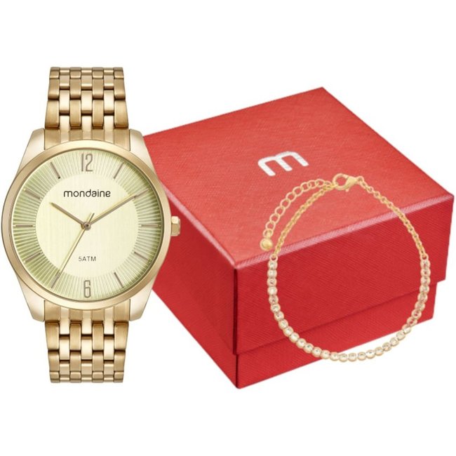 Kit Relógio Feminino Dourado Com Pulseira de Cristais Mondaine