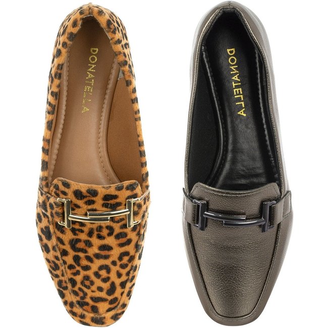 Kit 2 Pares Sapato Feminino Mocassim Donatella Shoes Bico Quadrado Confort Onça e Prata Velho