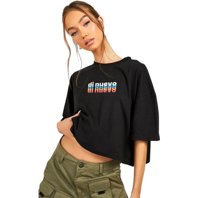 Camiseta Cropped Oversized em Algodão Preto Estiloso Com Logo Colorida