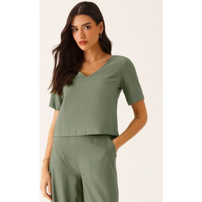 Blusa Decote V em Viscose Verde Oliva Rafaella