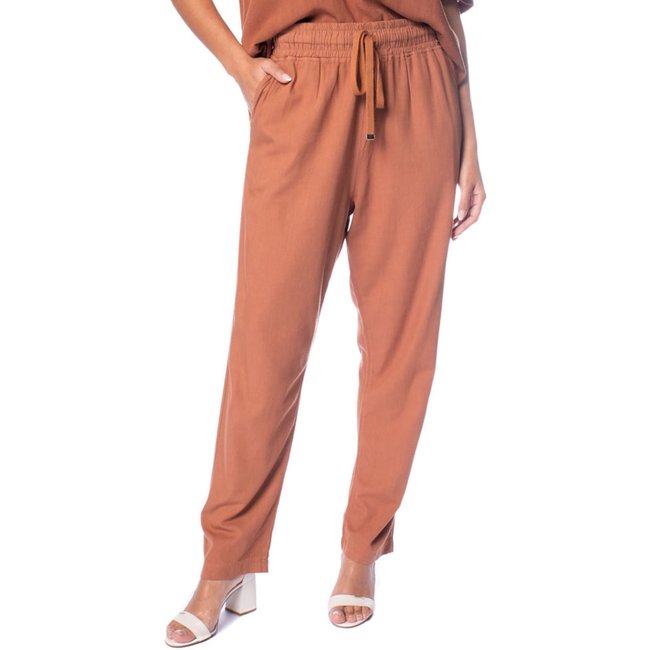 Calça Feminina Biamar Reta Cós Elástico Cordão Marrom