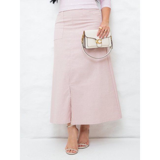 Saia Midi Social de Linho Básica Lisa com Bolso Fenda Elegante Soltinha Rosa